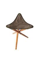 Folding wooden hunting stool tripod isolate on white background. Three-legged camping chair. photo