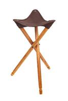Folding wooden hunting stool tripod isolate on white background. Three-legged camping chair, Made of wood and leather. photo