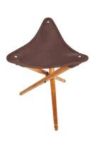 Folding wooden hunting stool tripod isolate on white background. Three-legged camping chair, Made of wood and leather. photo