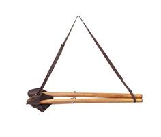 Folding wooden hunting stool tripod isolate on white background. Three-legged camping chair. photo
