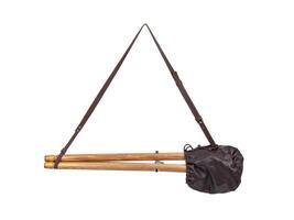 Folding wooden hunting stool tripod isolate on white background. Three-legged camping chair. photo