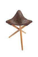 Folding wooden hunting stool tripod isolate on white background. Three-legged camping chair. photo