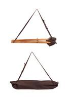Folding wooden hunting stool tripod isolate on white background. Three-legged camping chair, Made of wood and leather. photo