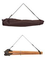 Folding wooden hunting stool tripod isolate on white background. Three-legged camping chair. photo