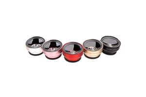 Sets of additional wide-angle and macro lenses for the phone. Smartphone lenses. Isolate on a white back. photo