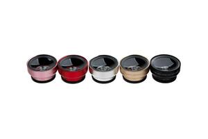 Sets of additional wide-angle and macro lenses for the phone. Smartphone lenses. Isolate on a white back. photo