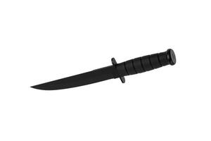 Modern hunting knife with black blade and rubber handle. Steel arms. Isolate on a white back. photo