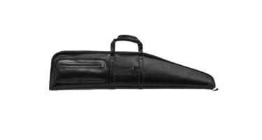 Luxury leather case for weapons isolate on a white back. Black leather case for a hunting rifle. Soft yet secure storage case for transporting weapons. photo