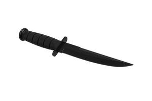 Modern hunting knife with black blade and rubber handle. Steel arms. Isolate on a white back. photo
