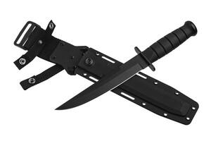 Modern hunting knife with black blade and rubber handle. Steel arms. Isolate on a white back. photo