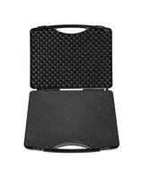 Open black plastic case with foam inside. Black plastic hard case for transporting and storing weapons. Gun container isolate on a white background. photo