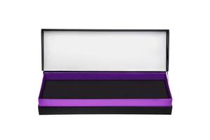 A small open black paper box with a purple stripe for a gift. Gift wrapping isolate on white background. photo
