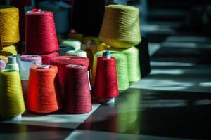 Skeins of yarn folded side by side. Multicolored cones with threads of yarn lie in the twilight, only slightly illuminated. photo