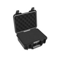 Open black plastic case with foam inside. Black plastic hard case for transporting and storing weapons. Gun container isolate on a white background. photo