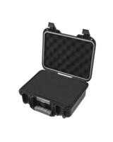 Open black plastic case with foam inside. Black plastic hard case for transporting and storing weapons. Gun container isolate on a white background. photo