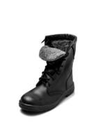 Black leather boot isolate on a white background. New army boot. Shoes for the military, police and special units. photo