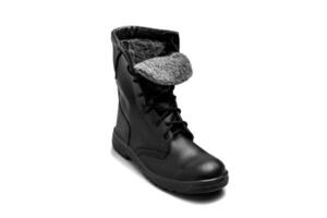 Black leather boot isolate on a white background. New army boot. Shoes for the military, police and special units. photo