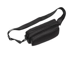 Black nylon waist pouch isolated on white background. A youth bag for storing and carrying trifles, money, a phone, keys and other things. photo