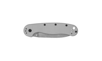 Pocket folding knife isolate on white back. Compact metal sharp knife with a folding blade. photo