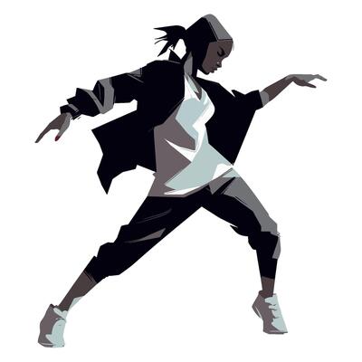 A woman in a black jacket and pants is dancing