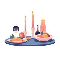 A table with a candle, wine and oranges vector