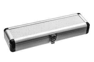 Small aluminum case with a metal lock isolated on white background. Reliable small protective case for various devices on a light back. photo