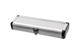 Small aluminum case with a metal lock isolated on white background. Reliable small protective case for various devices on a light back. photo