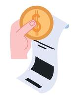 Hand holding a receipt with a dollar coin vector