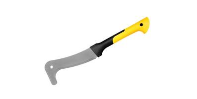 A small hook-shaped machete for cutting small branches and twigs. Garden tool with a bright plastic handle. Survival weapons. Isolate on a white back photo