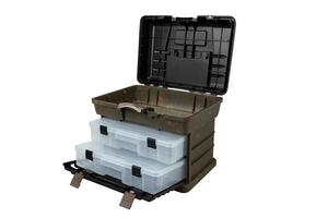 Portable plastic container with opening lid and additional sliding compartments. Fishing or hunting box. Isolate on a white back. photo