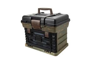 Portable plastic container with opening lid and additional sliding compartments. Fishing or hunting box. Isolate on a white back. photo