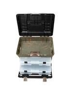 Portable plastic container with opening lid and additional sliding compartments. Fishing or hunting box. Isolate on a white back. photo