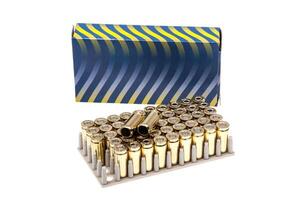 Cartridges with rubber bullets. Ammunition for a traumatic pistol. Non-lethal weapons. Isolate on a white back photo