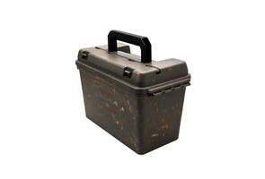 Plastic box with a handle and additional compartments for various small items. Tool box for fishing or hunting accessories. Isolate on a white back photo