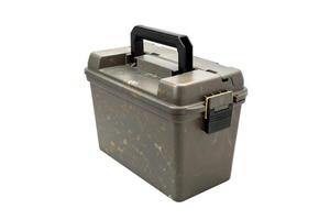 Plastic box with a handle and additional compartments for various small items. Tool box for fishing or hunting accessories. Isolate on a white back photo