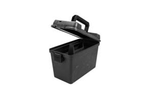 Plastic box with a handle and additional compartments for various small items. Tool box for fishing or hunting accessories. Isolate on a white back photo
