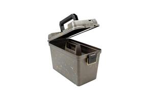 Plastic box with a handle and additional compartments for various small items. Tool box for fishing or hunting accessories. Isolate on a white back photo