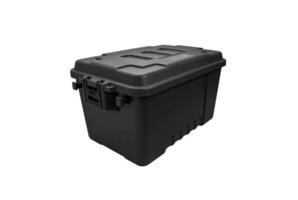 Plastic box with locks isolate on a white back. A container for storing and transporting various things. photo