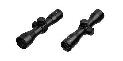 Modern sniper scope on a white back. Optical device for aiming and shooting at long distances. photo