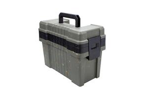Portable plastic container with opening lid and additional compartments. Fishing or hunting box. Isolate on a white back. photo