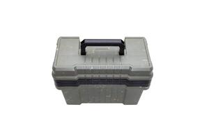 Portable plastic container with opening lid and additional compartments. Fishing or hunting box. Isolate on a white back. photo