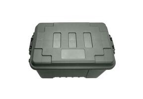 Plastic box with locks isolate on a white back. A container for storing and transporting various things. photo