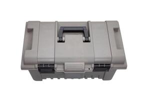 Portable plastic container with opening lid and additional compartments. Fishing or hunting box. Isolate on a white back. photo