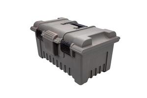 Portable plastic container with opening lid and additional compartments. Fishing or hunting box. Isolate on a white back. photo