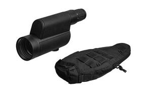 Modern spyglass. Long-range observation device. Monocular and case for it. Isolate on a white back photo
