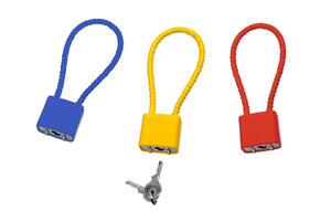 Locks and keys used to safely secure a firearm from being used. Weapon cable lock. photo