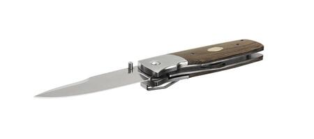 Pocket folding knife isolate on white back. Compact metal sharp knife with a folding blade. photo
