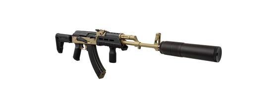 Classic AK automatic carbine in a modern body kit. Soviet army weapons isolate on a white back. Machine gun with a silencer. photo
