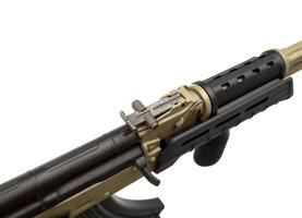 Classic AK automatic carbine in a modern body kit. Soviet army weapons isolate on a white back. photo