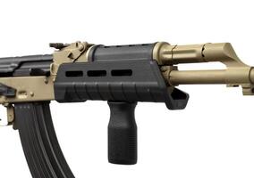 Classic AK automatic carbine in a modern body kit. Soviet army weapons isolate on a white back. photo